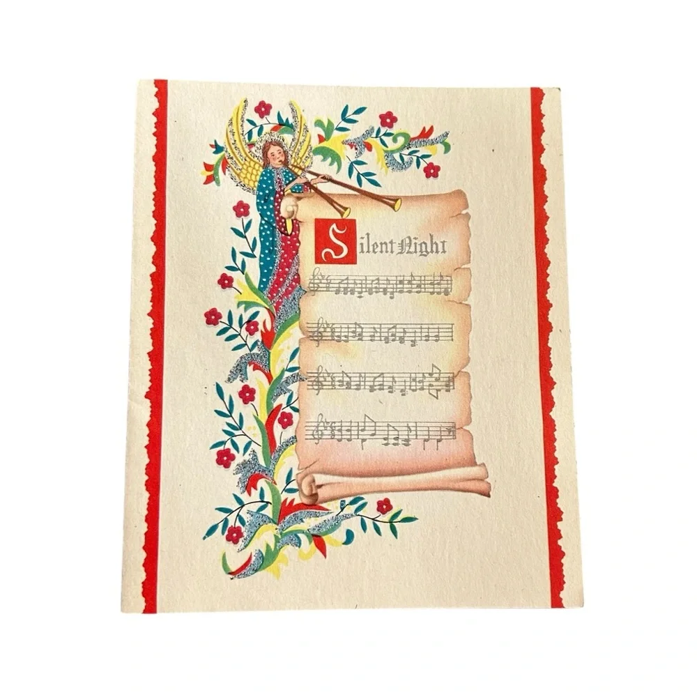 Vintage 40s 50s Rynart Christmas Card Silent Night Scroll Angel Retro Ephemera